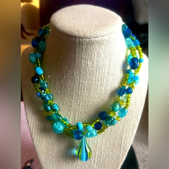 Jewelry - Statement Necklace/ muti strand twistable glass beaded of lime green and blue